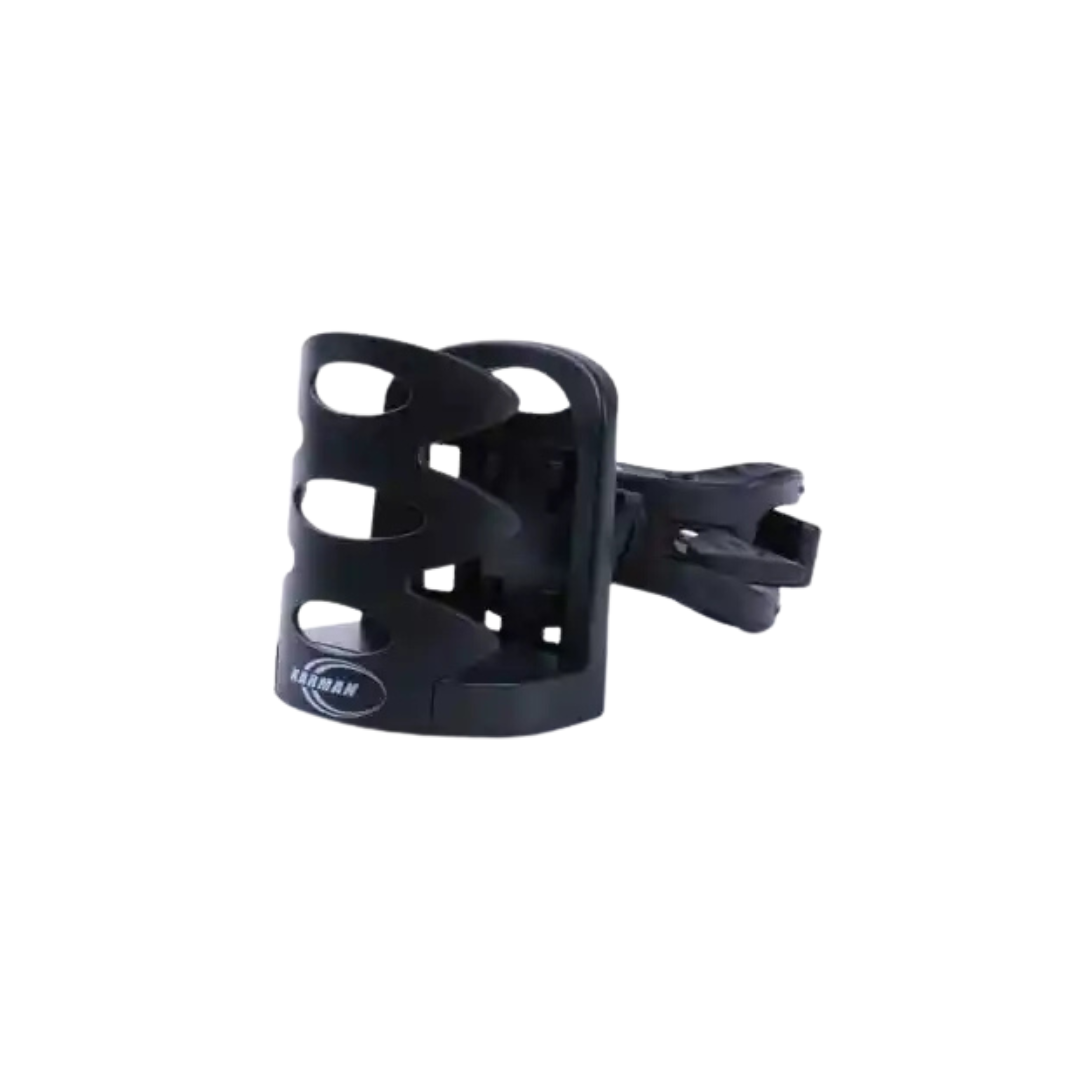 The Karman Adjustable Cup Holder for Mobility Aids is a black plastic holder with an open cut-out design, featuring a clip attachment for easy installation and adjustable fit, ideal for bikes or any mobility device.